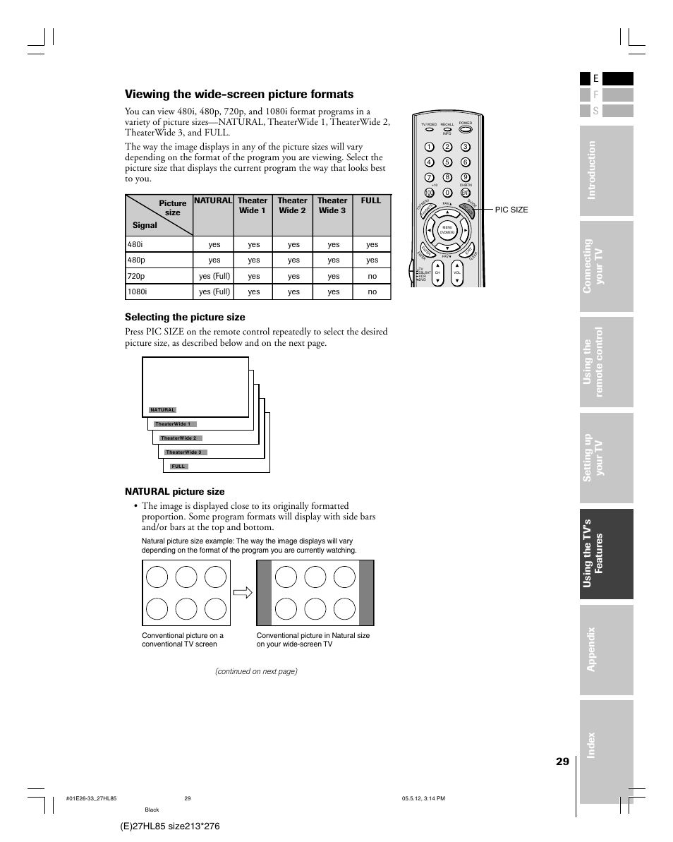 Viewing the wide-screen picture formats, Selecting the picture size | Toshiba 27HL85 User Manual | Page 29 / 58