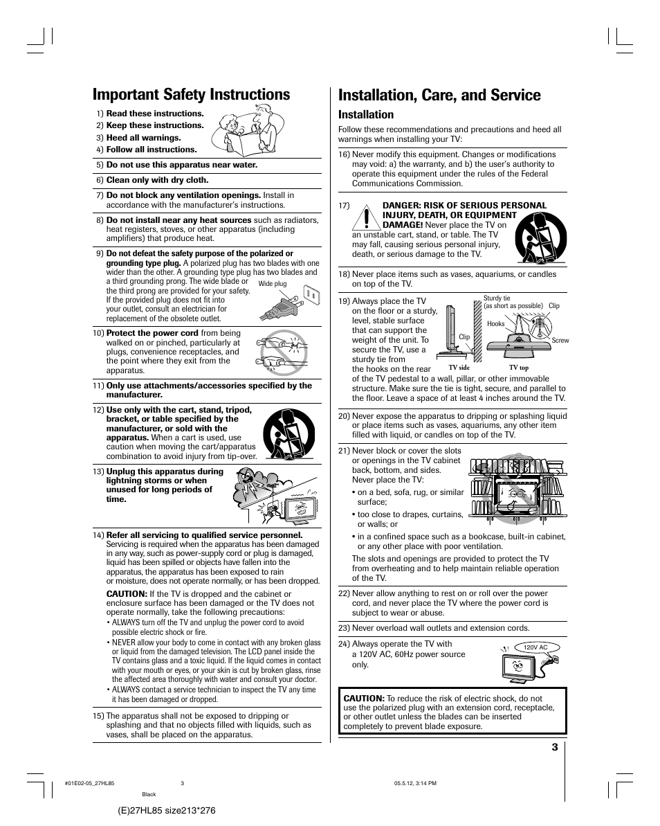 Important safety instructions, Installation, care, and service, Installation | Toshiba 27HL85 User Manual | Page 3 / 58