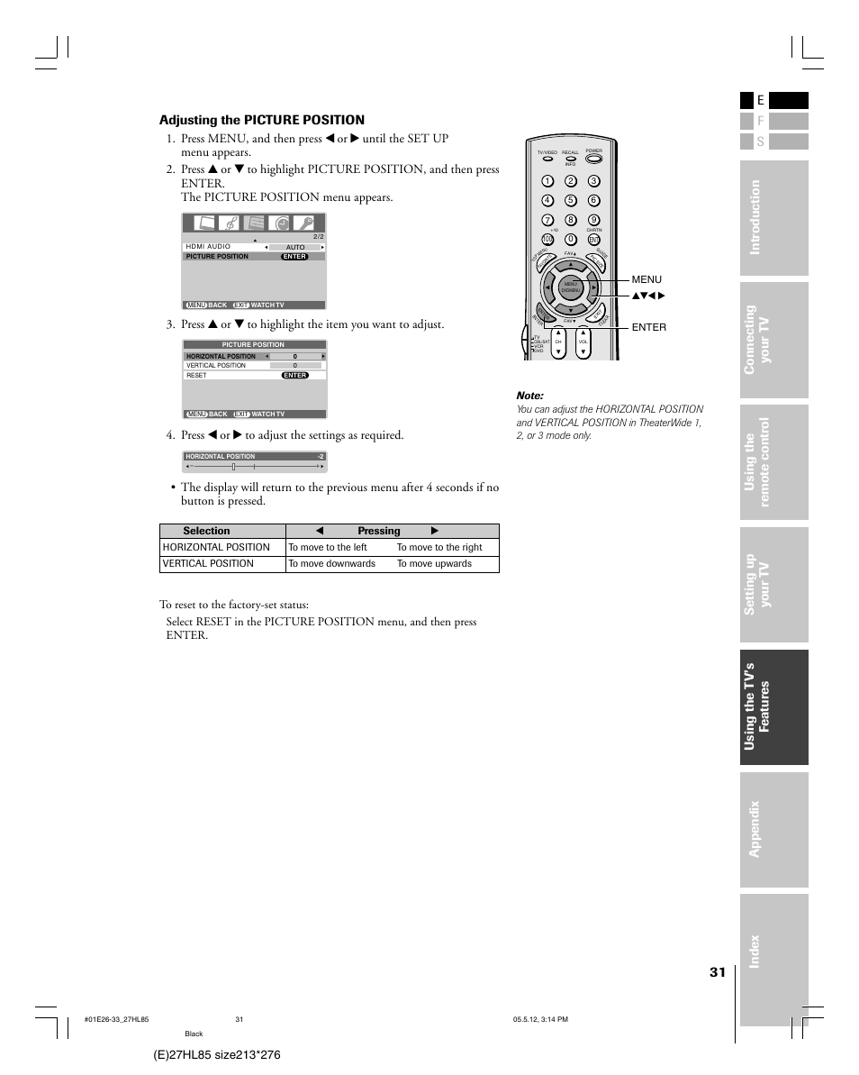 Adjusting the picture position | Toshiba 27HL85 User Manual | Page 31 / 58