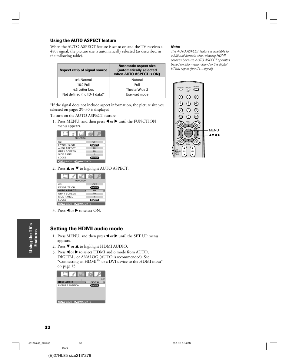 Setting the hdmi audio mode, Using the t v’s f eatur es, Using the auto aspect feature | Press y or z to highlight auto aspect, Press x or • to select on, Or a dvi device to the hdmi input” on page 15 | Toshiba 27HL85 User Manual | Page 32 / 58