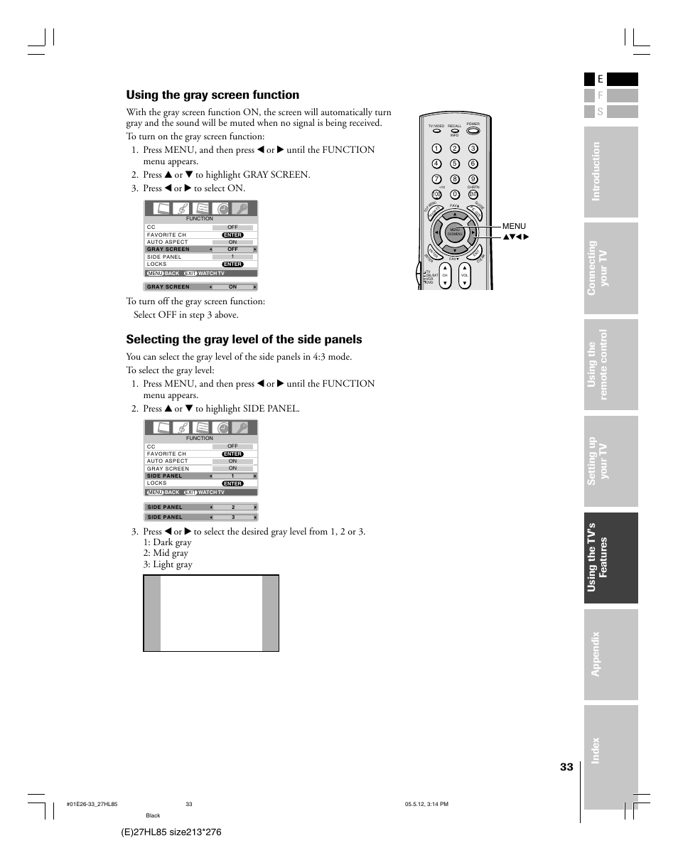 Using the gray screen function, Selecting the gray level of the side panels | Toshiba 27HL85 User Manual | Page 33 / 58