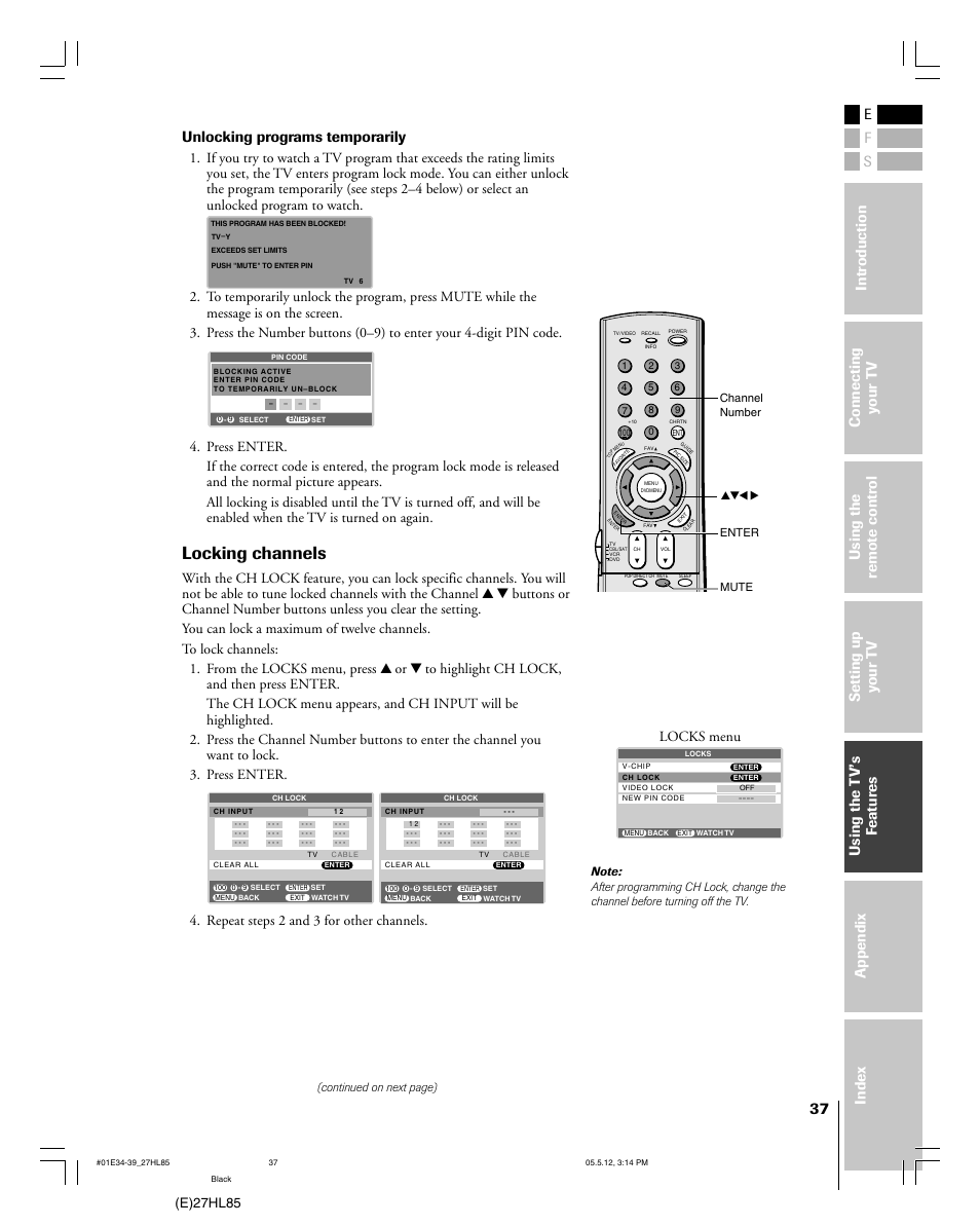 Locking channels, E)27hl85 | Toshiba 27HL85 User Manual | Page 37 / 58