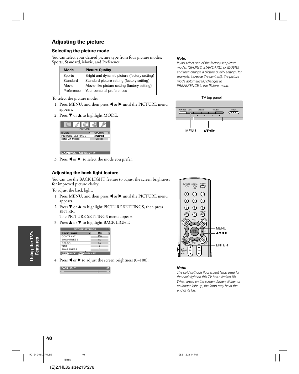 Adjusting the picture, Using the t v’s f eatur es, Selecting the picture mode | Adjusting the back light feature | Toshiba 27HL85 User Manual | Page 40 / 58