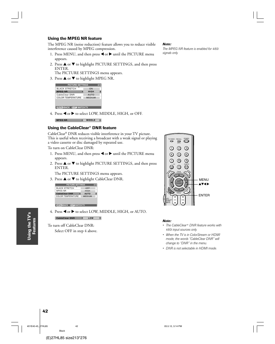 Using the cableclear, Dnr feature, Cableclear | Toshiba 27HL85 User Manual | Page 42 / 58