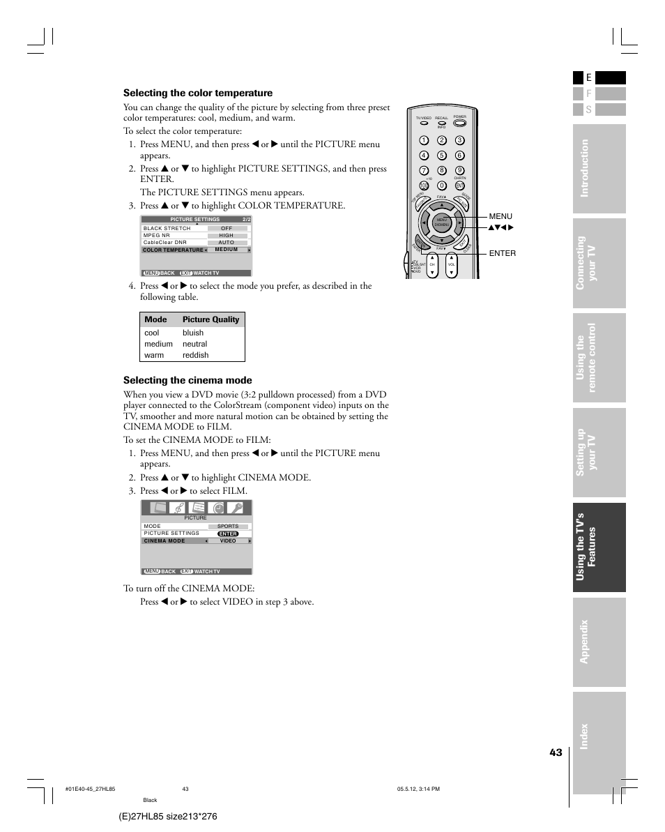 Selecting the cinema mode | Toshiba 27HL85 User Manual | Page 43 / 58