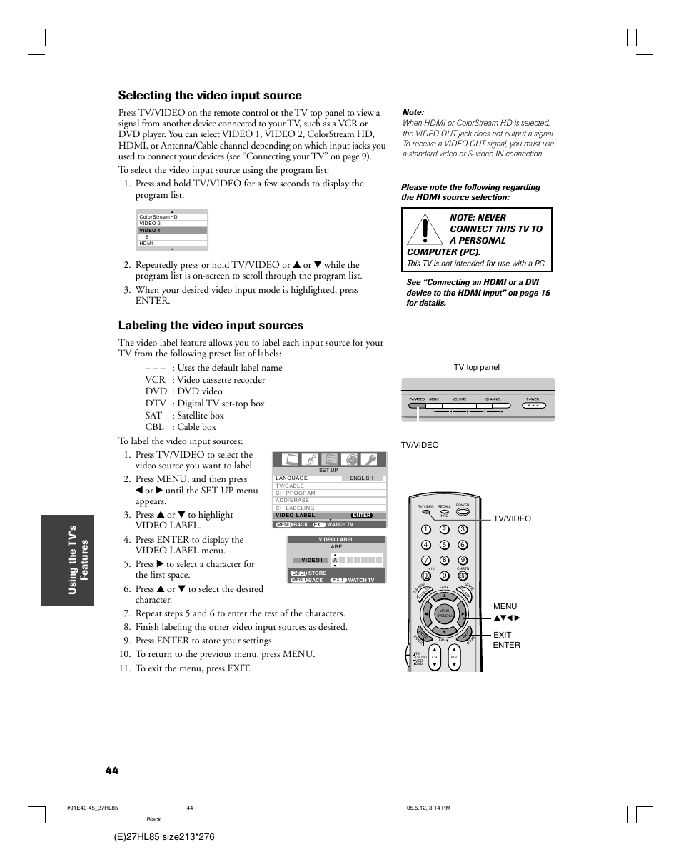 Selecting the video input source, Labeling the video input sources, Using the t v’s f eatur es | Toshiba 27HL85 User Manual | Page 44 / 58