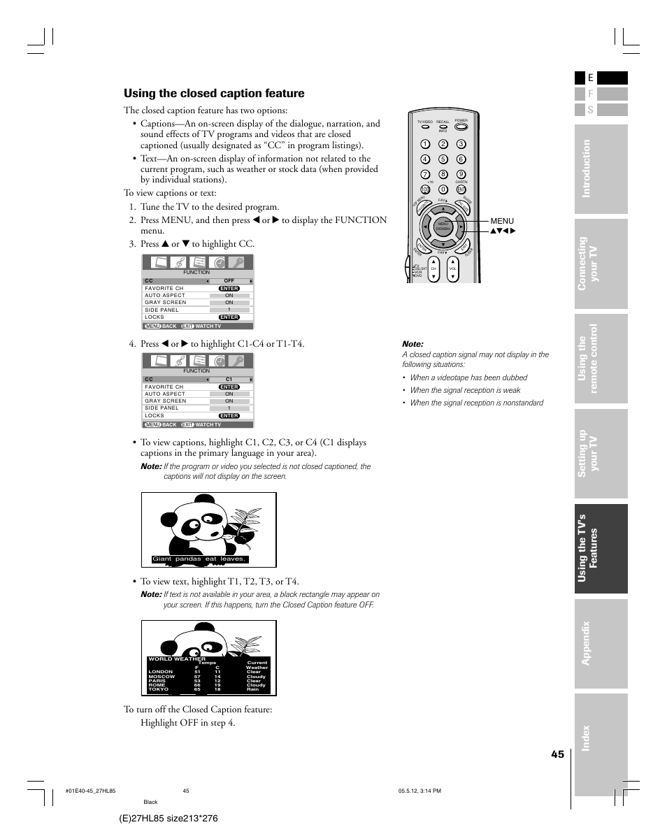 Using the closed caption feature, Press x or • to highlight c1-c4 or t1-t4 | Toshiba 27HL85 User Manual | Page 45 / 58