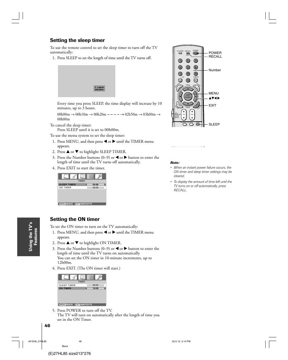 Setting the sleep timer, Setting the on timer, Using the t v’s f eatur es | Toshiba 27HL85 User Manual | Page 46 / 58
