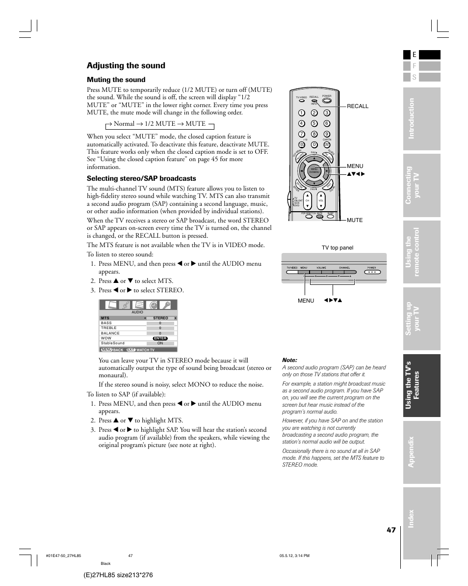 Adjusting the sound, Muting the sound, Selecting stereo/sap broadcasts | Toshiba 27HL85 User Manual | Page 47 / 58