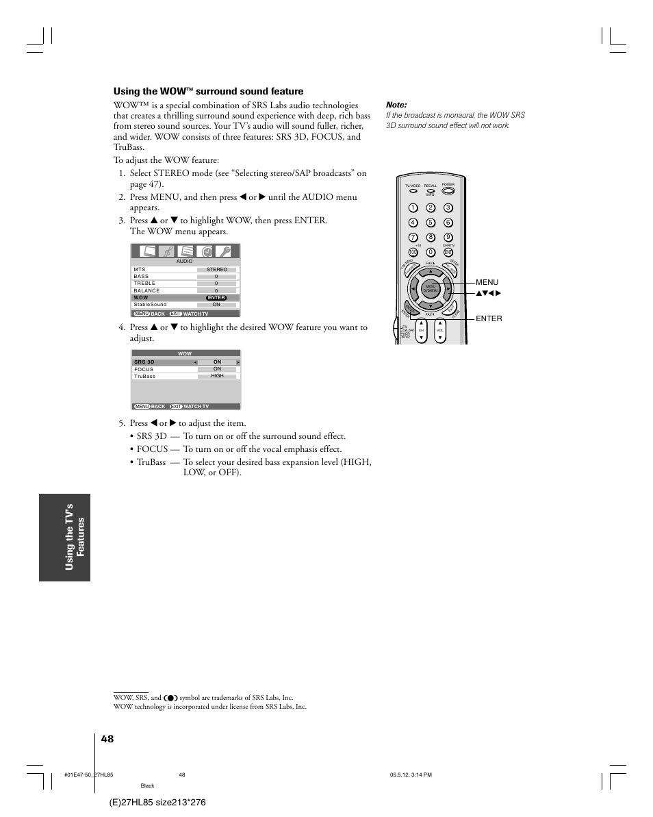 Using the t v’s f eatur es, Using the wow™ surround sound feature | Toshiba 27HL85 User Manual | Page 48 / 58