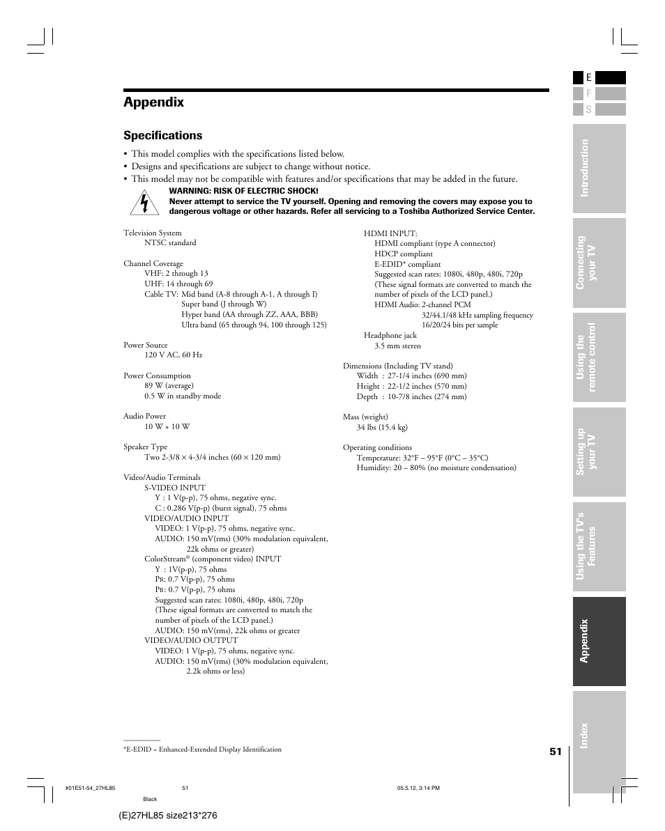 Appendix, Specifications | Toshiba 27HL85 User Manual | Page 51 / 58