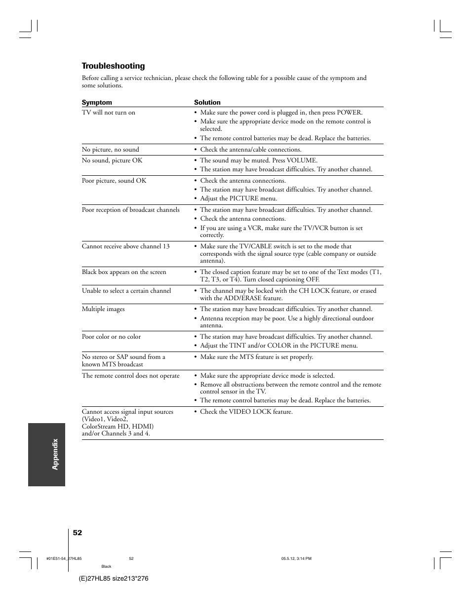 Troubleshooting | Toshiba 27HL85 User Manual | Page 52 / 58