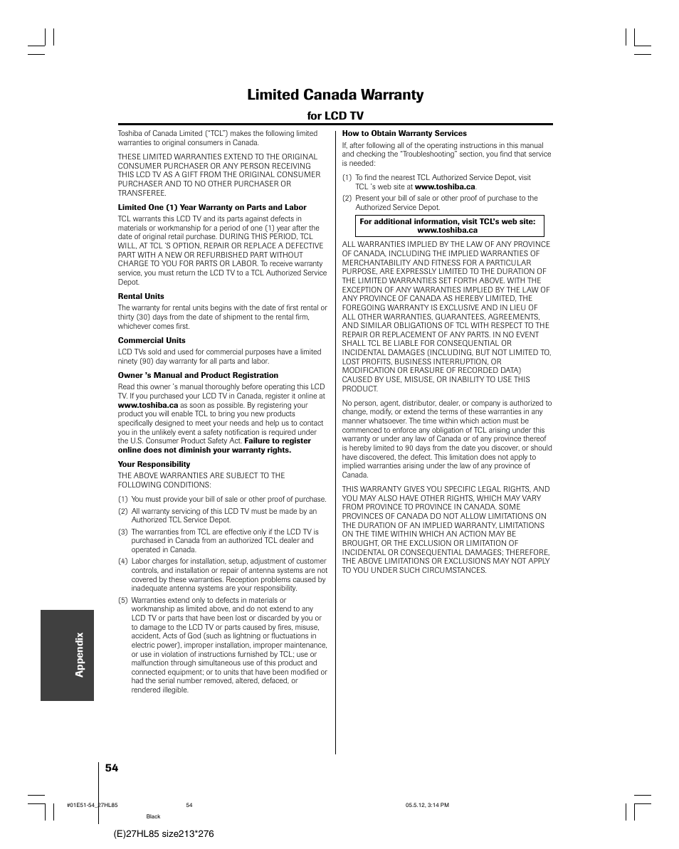 Limited canada warranty, For lcd tv | Toshiba 27HL85 User Manual | Page 54 / 58