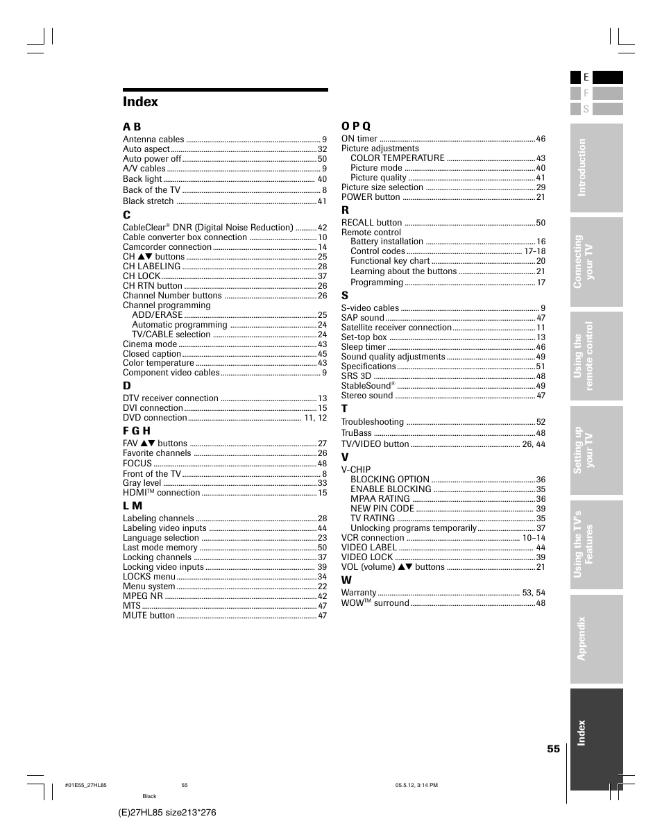 Index | Toshiba 27HL85 User Manual | Page 55 / 58