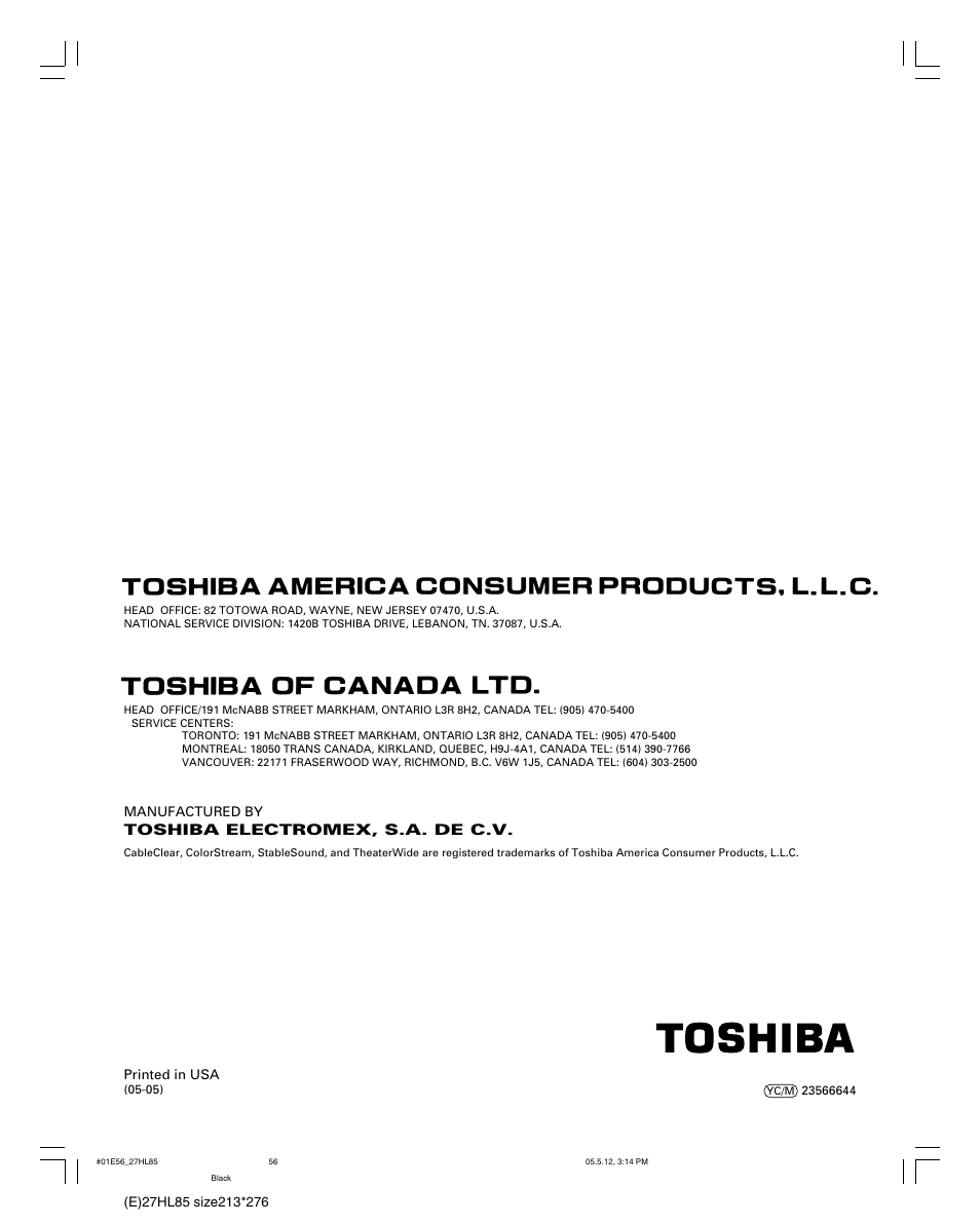 Toshiba electromex, s.a. de c.v | Toshiba 27HL85 User Manual | Page 56 / 58