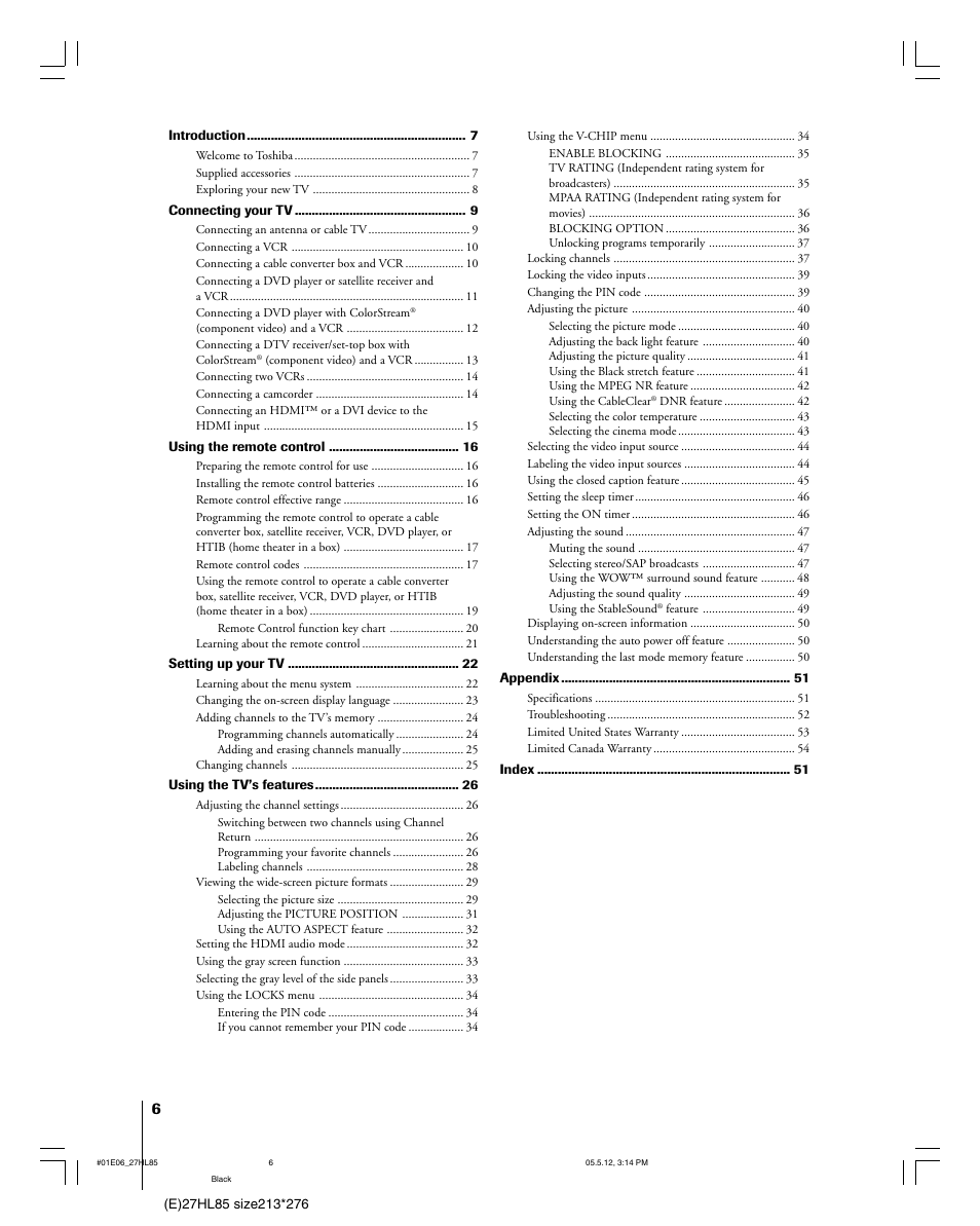 Toshiba 27HL85 User Manual | Page 6 / 58