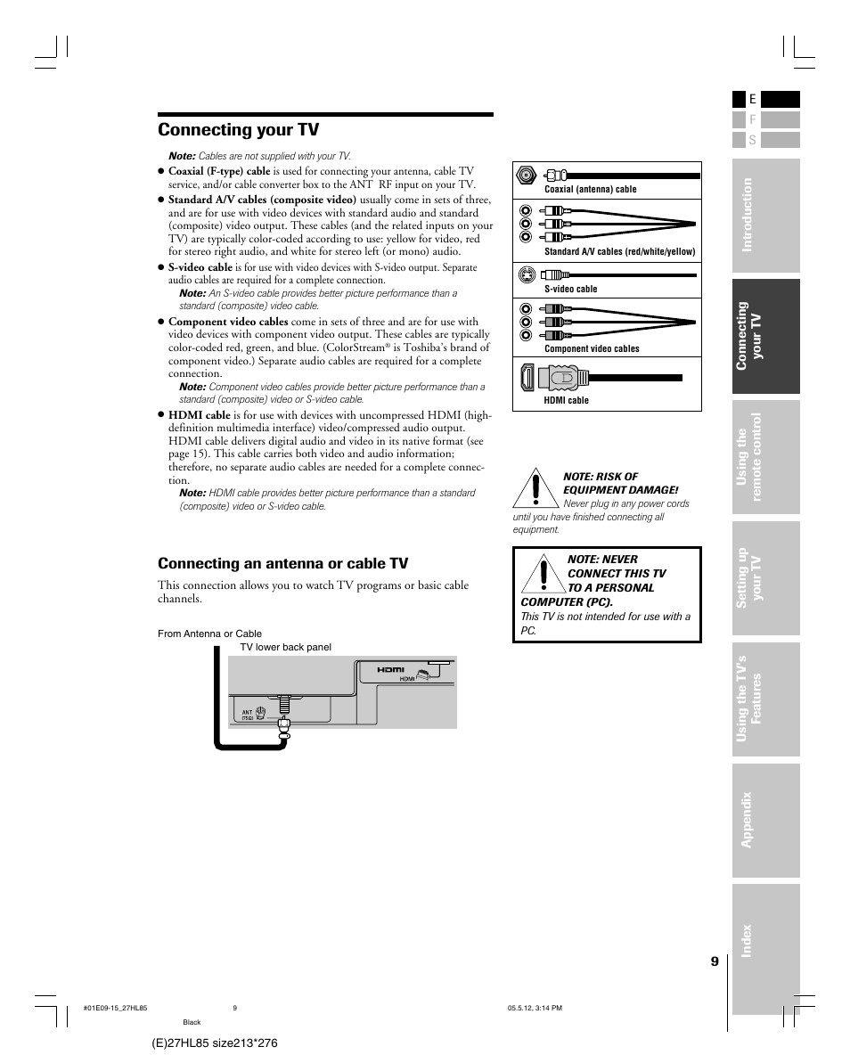 Connecting your tv, Connecting an antenna or cable tv | Toshiba 27HL85 User Manual | Page 9 / 58