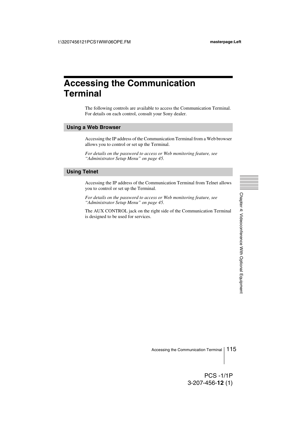 Accessing the communication terminal, Using a web browser, Using telnet | Toshiba PCS-1 User Manual | Page 115 / 189