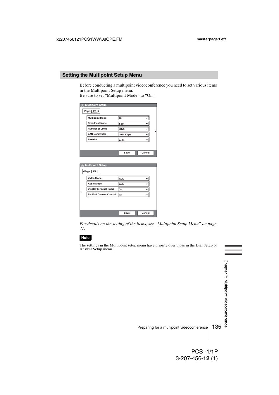 Setting the multipoint setup menu, Setting the multipoint setup, Menu | Toshiba PCS-1 User Manual | Page 135 / 189
