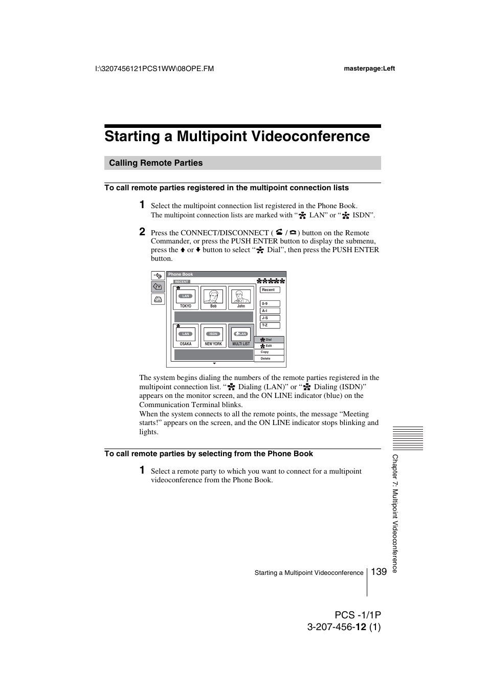 Starting a multipoint videoconference, Calling remote parties | Toshiba PCS-1 User Manual | Page 139 / 189