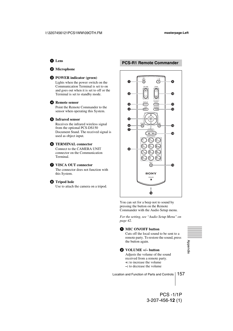 Pcs-r1 remote commander, A lens b microphone c power indicator (green), D remote sensor | E infrared sensor, F terminal connector, G visca out connector, H tripod hole, A mic on/off button, B volume +/– button, The connector does not function with this system | Toshiba PCS-1 User Manual | Page 157 / 189