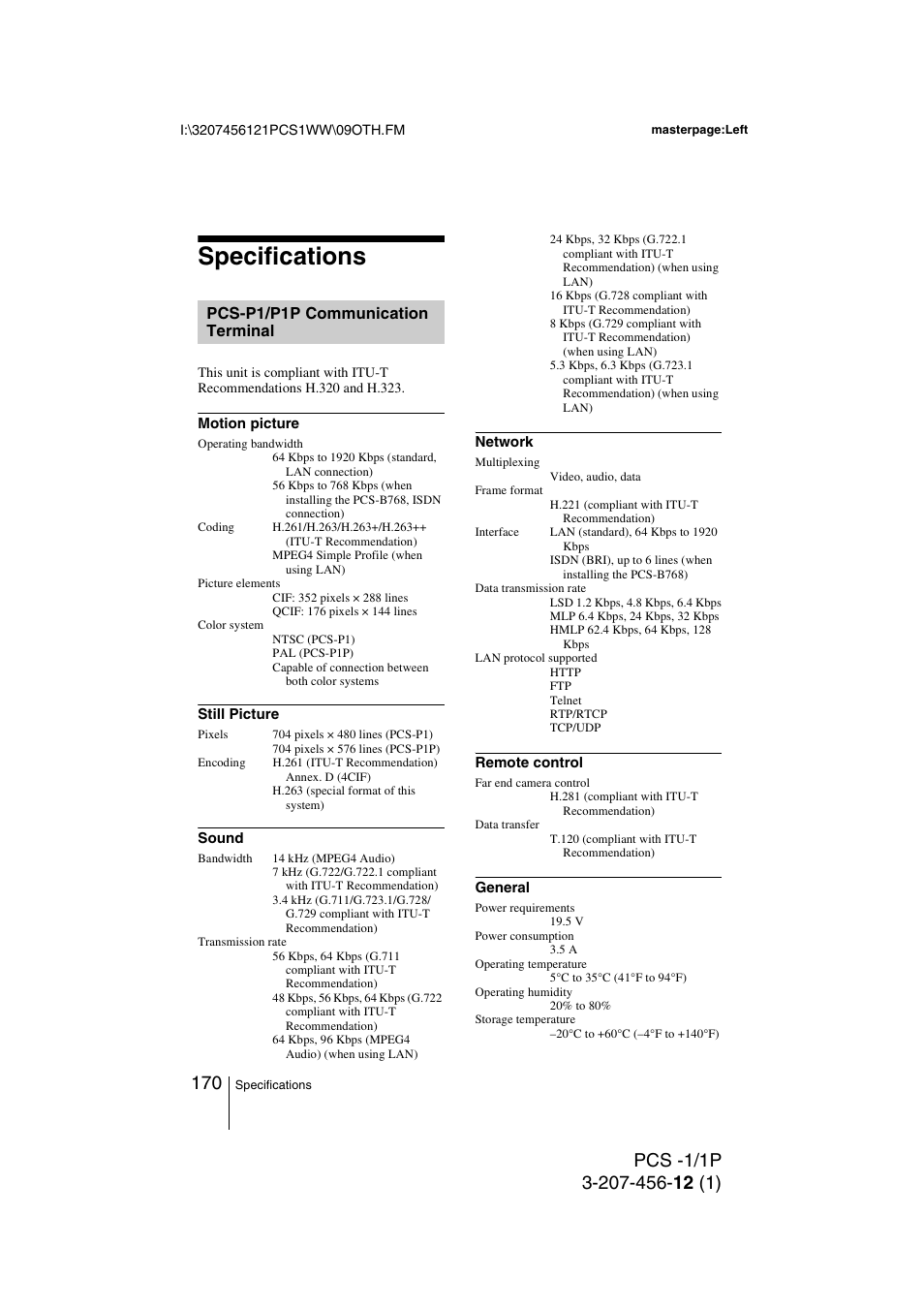 Specifications, Pcs-p1/p1p communication terminal, Pcs-p1/p1p communication | Terminal | Toshiba PCS-1 User Manual | Page 170 / 189