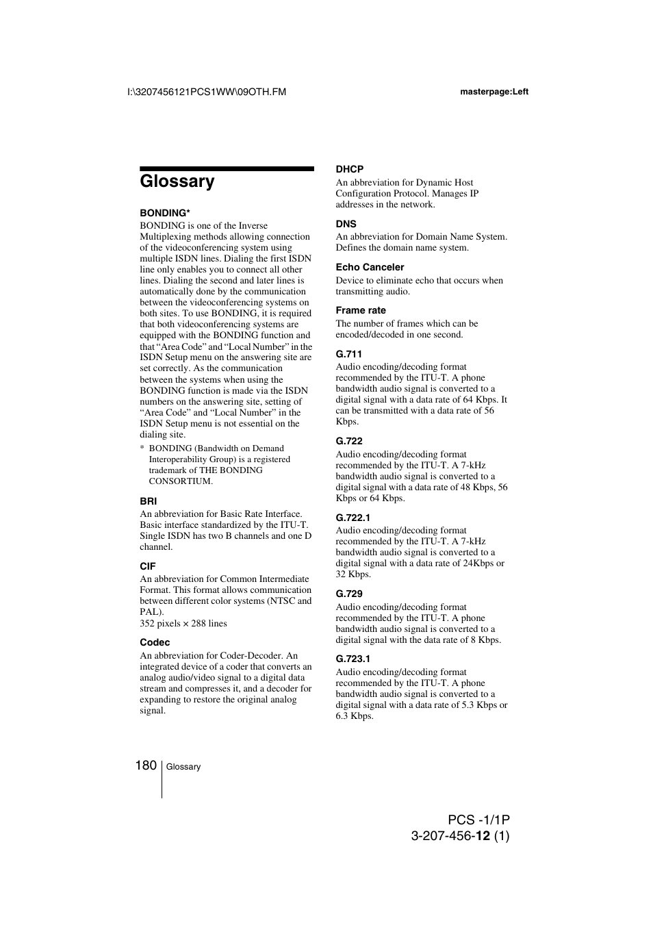 Glossary | Toshiba PCS-1 User Manual | Page 180 / 189