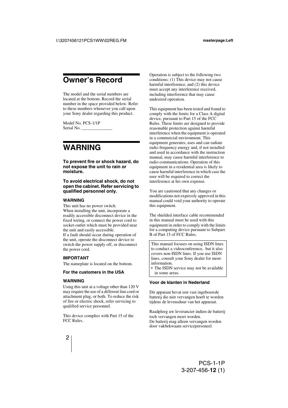 Owner’s record, Warning | Toshiba PCS-1 User Manual | Page 2 / 189