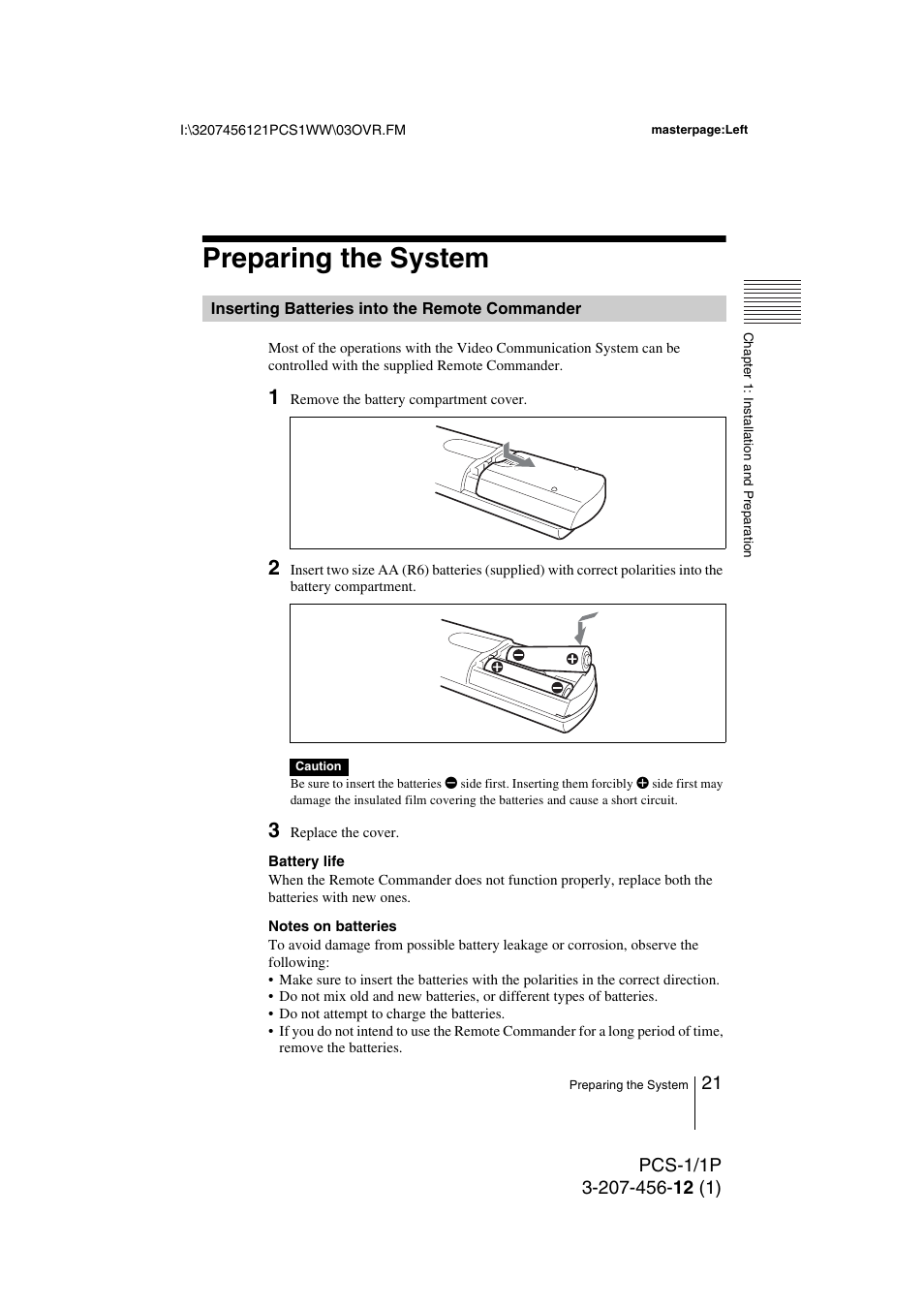 Preparing the system, Inserting batteries into the remote commander, Inserting batteries into the remote | Commander | Toshiba PCS-1 User Manual | Page 21 / 189