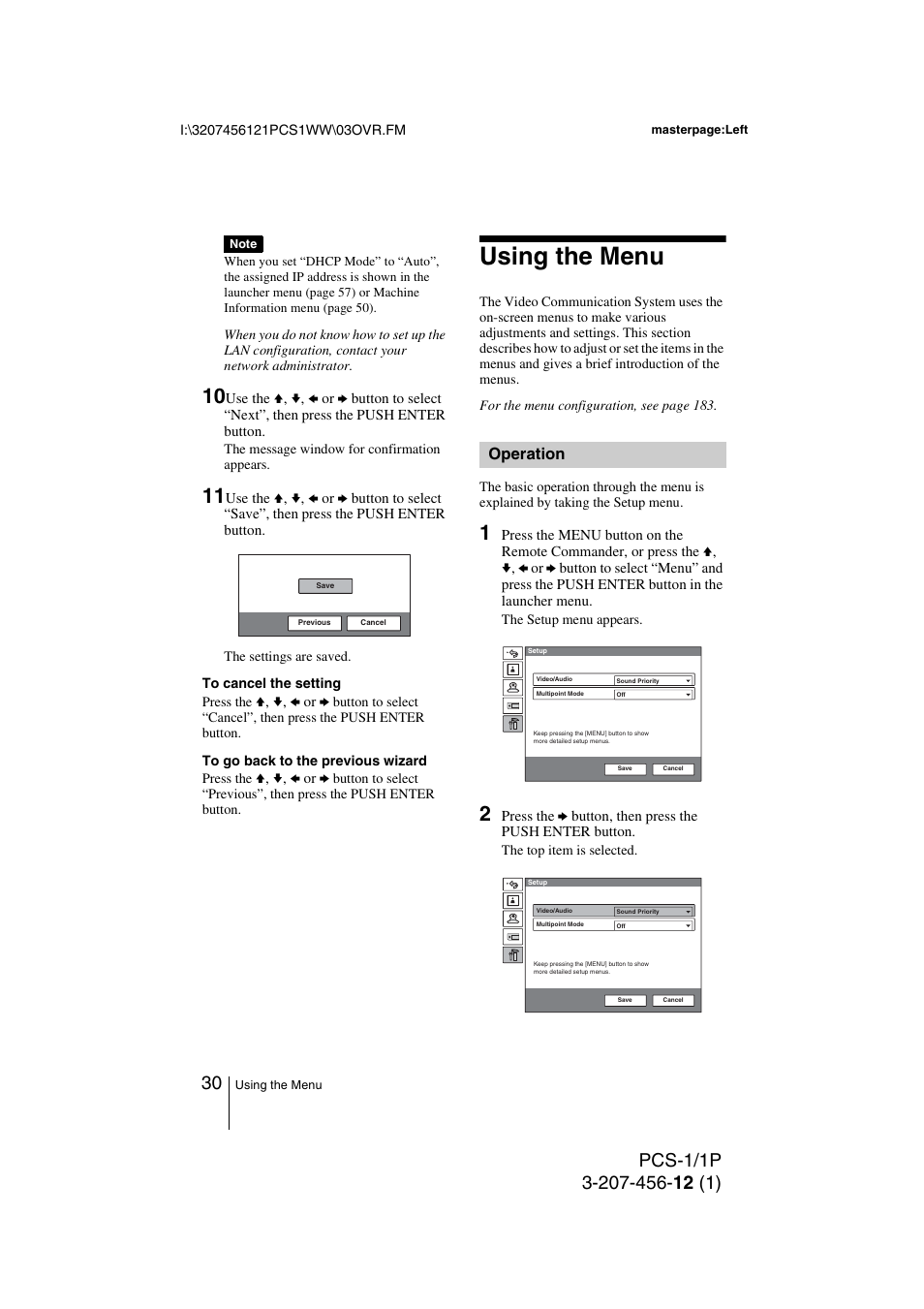 Using the menu, Operation | Toshiba PCS-1 User Manual | Page 30 / 189