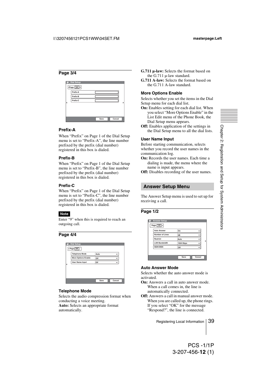 Answer setup menu, Page 3/4 prefix-a, Page 4/4 | Page 1/2 | Toshiba PCS-1 User Manual | Page 39 / 189