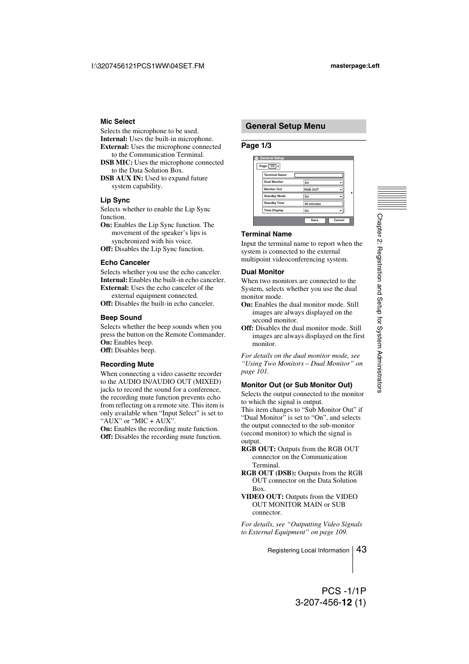 General setup menu | Toshiba PCS-1 User Manual | Page 43 / 189