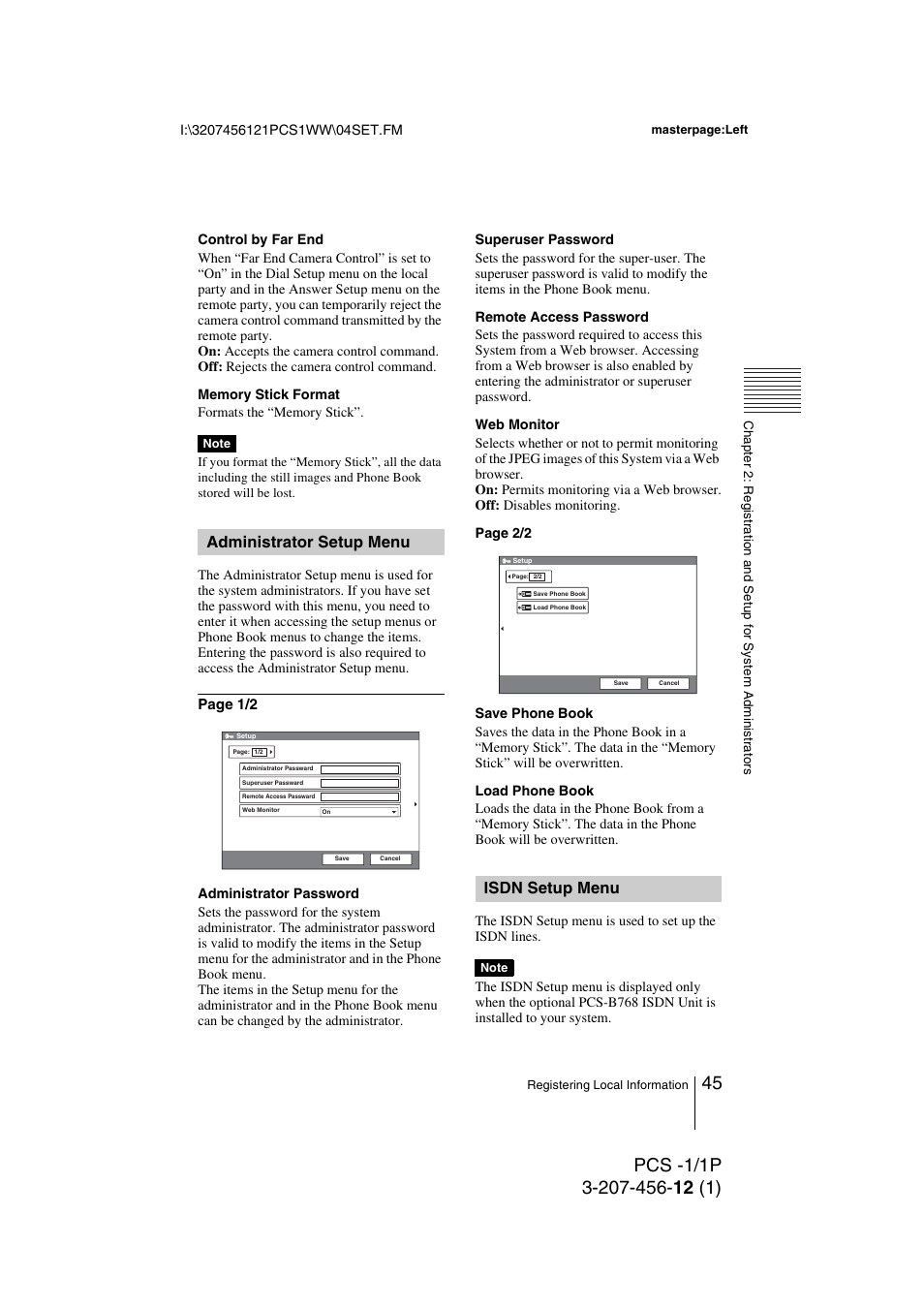 Administrator setup menu, Isdn setup menu | Toshiba PCS-1 User Manual | Page 45 / 189