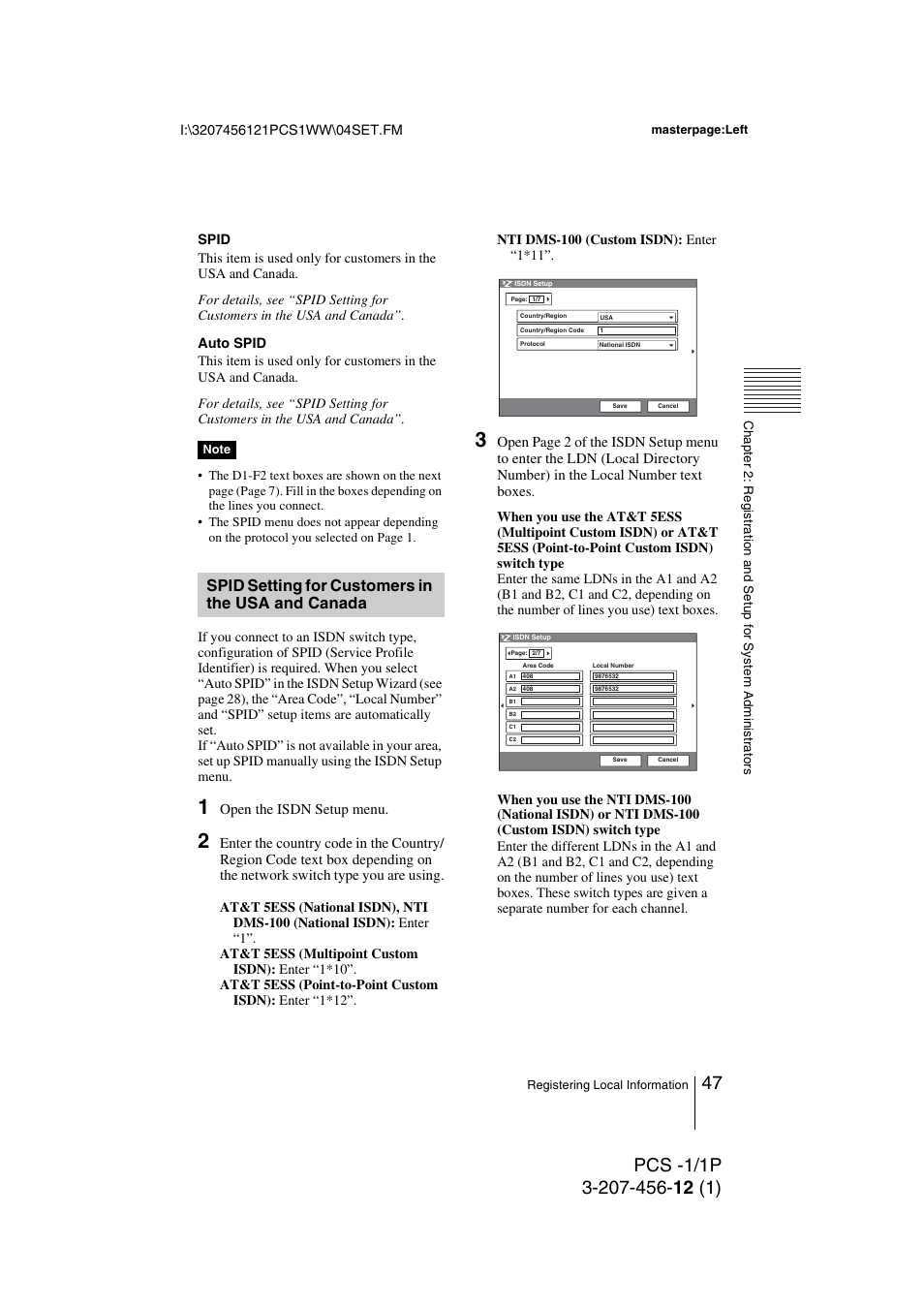 Spid setting for customers in the usa and canada, Spid setting for customers in the, Usa and canada | Toshiba PCS-1 User Manual | Page 47 / 189