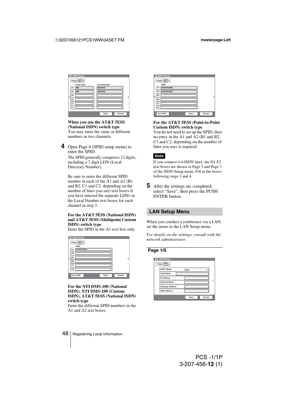 Lan setup menu, Open page 6 (spid setup menu) to enter the spid, Page 1/5 | Registering local information, Masterpage:left | Toshiba PCS-1 User Manual | Page 48 / 189