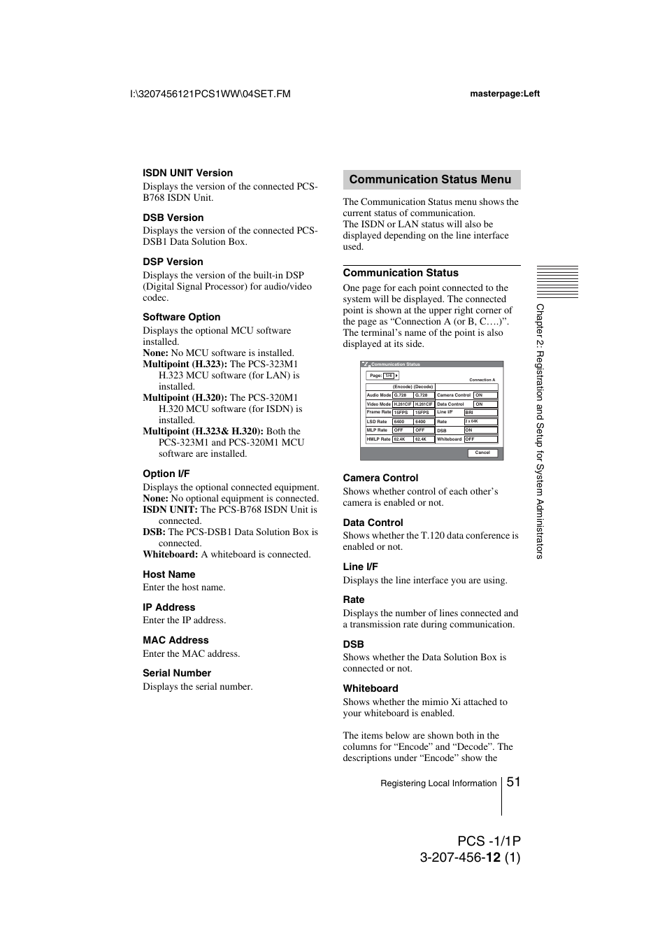 Communication status menu, Communication status | Toshiba PCS-1 User Manual | Page 51 / 189