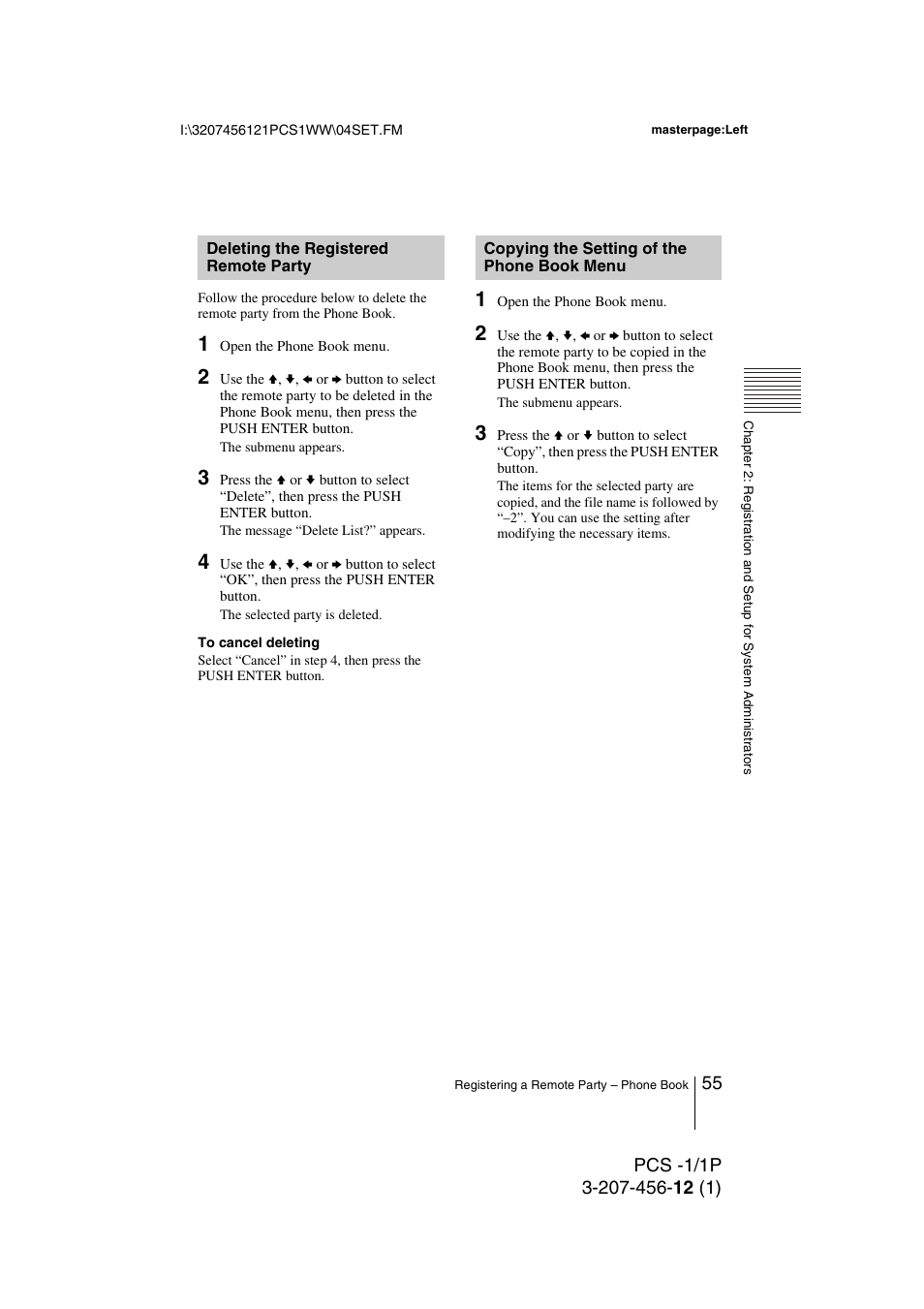 Deleting the registered remote party, Copying the setting of the phone book menu, Deleting the registered remote | Party, Copying the setting of the phone, Book menu, 5 an | Toshiba PCS-1 User Manual | Page 55 / 189