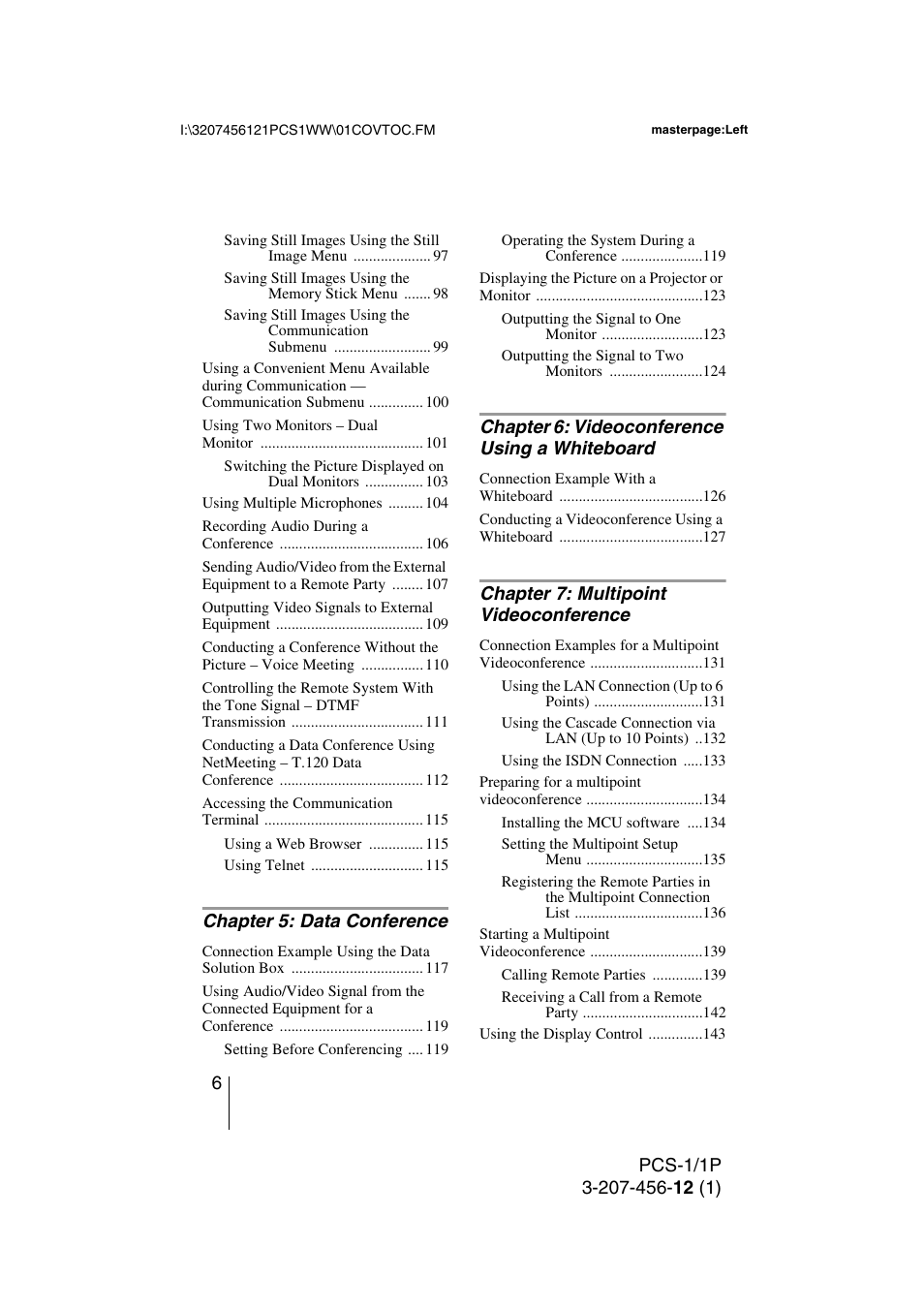 Chapter 5: data conference, Chapter 6: videoconference using a whiteboard, Chapter 7: multipoint videoconference | Toshiba PCS-1 User Manual | Page 6 / 189