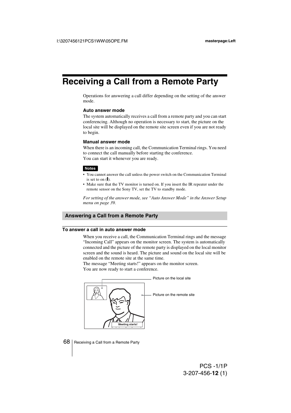 Receiving a call from a remote party, Answering a call from a remote party, Answering a call from a remote | Party | Toshiba PCS-1 User Manual | Page 68 / 189