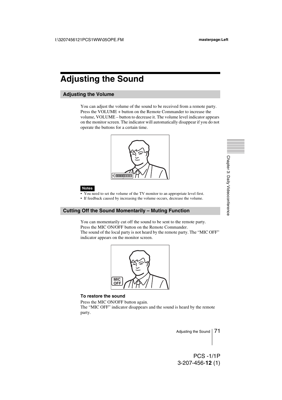 Adjusting the sound, Adjusting the volume, Cutting off the sound momentarily | Muting function | Toshiba PCS-1 User Manual | Page 71 / 189