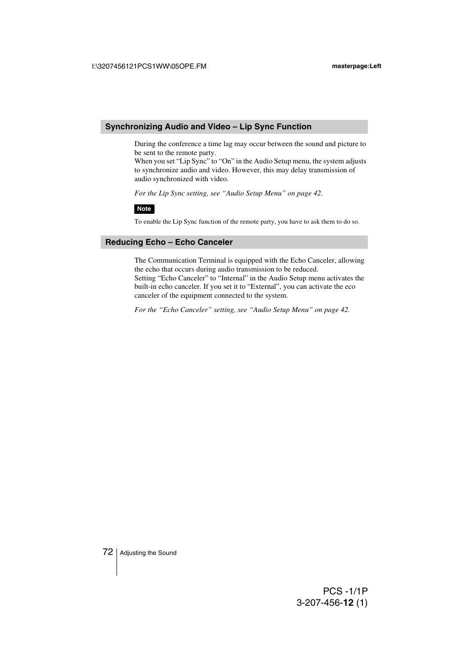Synchronizing audio and video – lip sync function, Reducing echo – echo canceler, Synchronizing audio and video | Lip sync function, Reducing echo – echo canceler 72 | Toshiba PCS-1 User Manual | Page 72 / 189