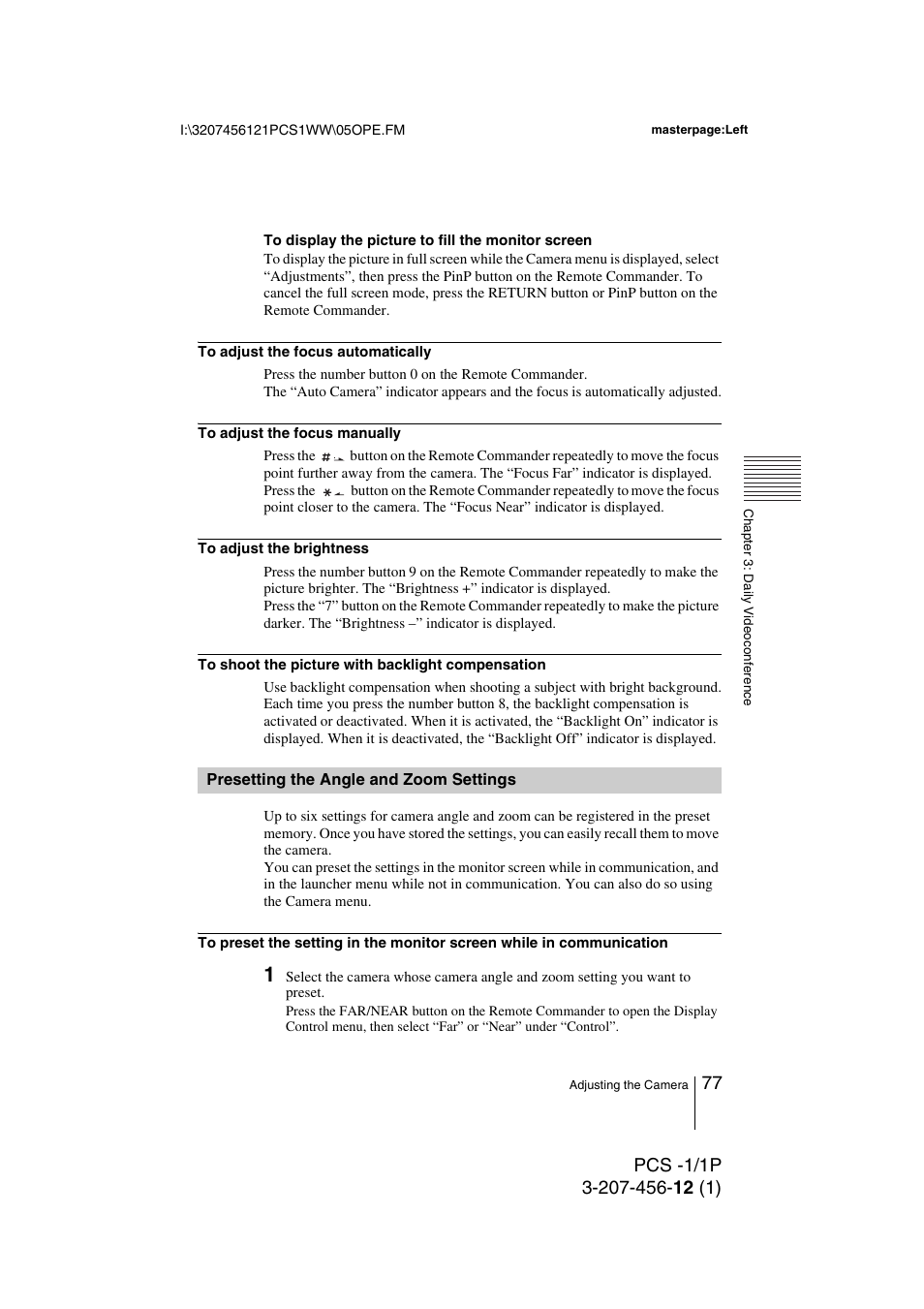 Presetting the angle and zoom settings, Presetting the angle and zoom, Settings | Toshiba PCS-1 User Manual | Page 77 / 189
