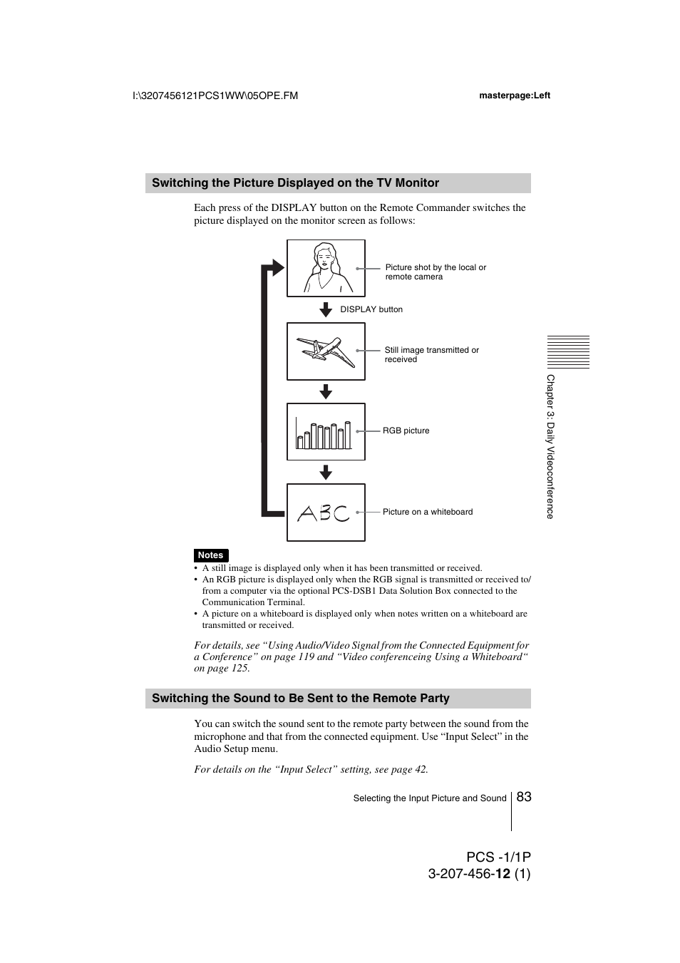 Switching the picture displayed on the tv monitor, Switching the sound to be sent to the remote party, Switching the picture displayed on | The tv monitor, Switching the sound to be sent to, The remote party | Toshiba PCS-1 User Manual | Page 83 / 189