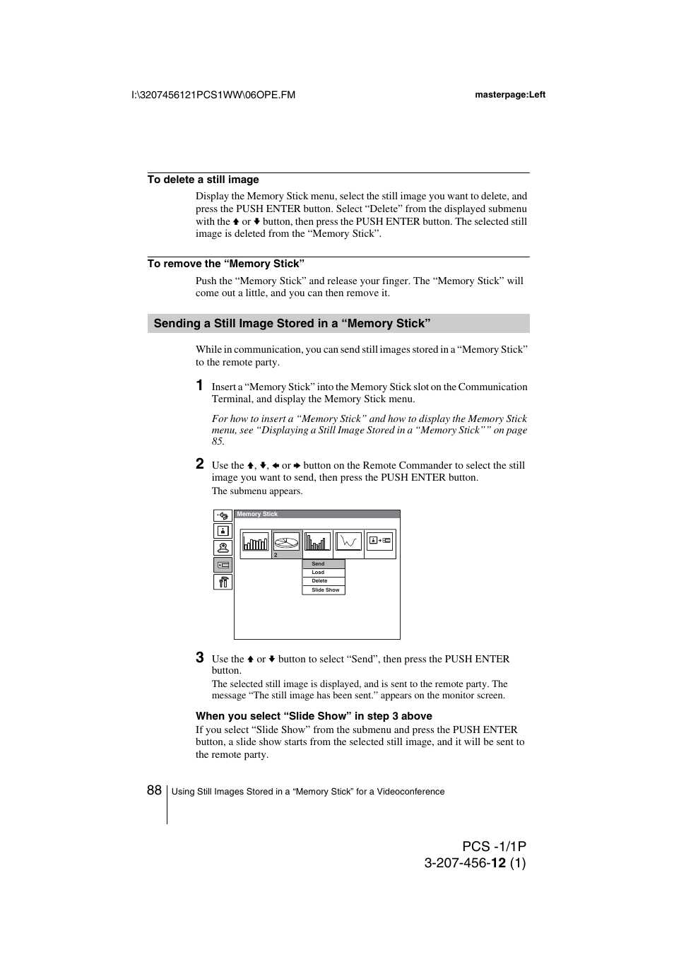 Sending a still image stored in a “memory stick, Sending a still image stored in a, Memory stick | Toshiba PCS-1 User Manual | Page 88 / 189