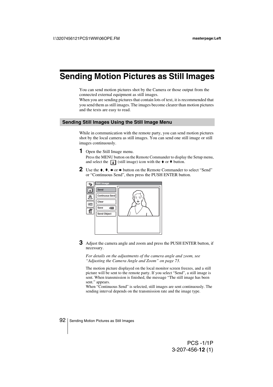 Sending motion pictures as still images, Sending still images using the still image menu, Sending still images using the still | Image menu | Toshiba PCS-1 User Manual | Page 92 / 189