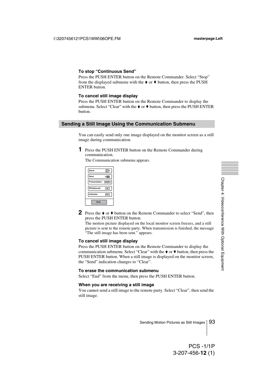 Sending a still image using the, Communication submenu | Toshiba PCS-1 User Manual | Page 93 / 189
