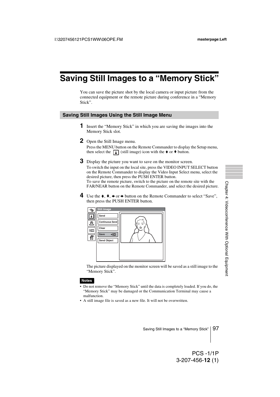 Saving still images to a “memory stick, Saving still images using the still image menu, Saving still images using the still | Image menu, D 97 | Toshiba PCS-1 User Manual | Page 97 / 189
