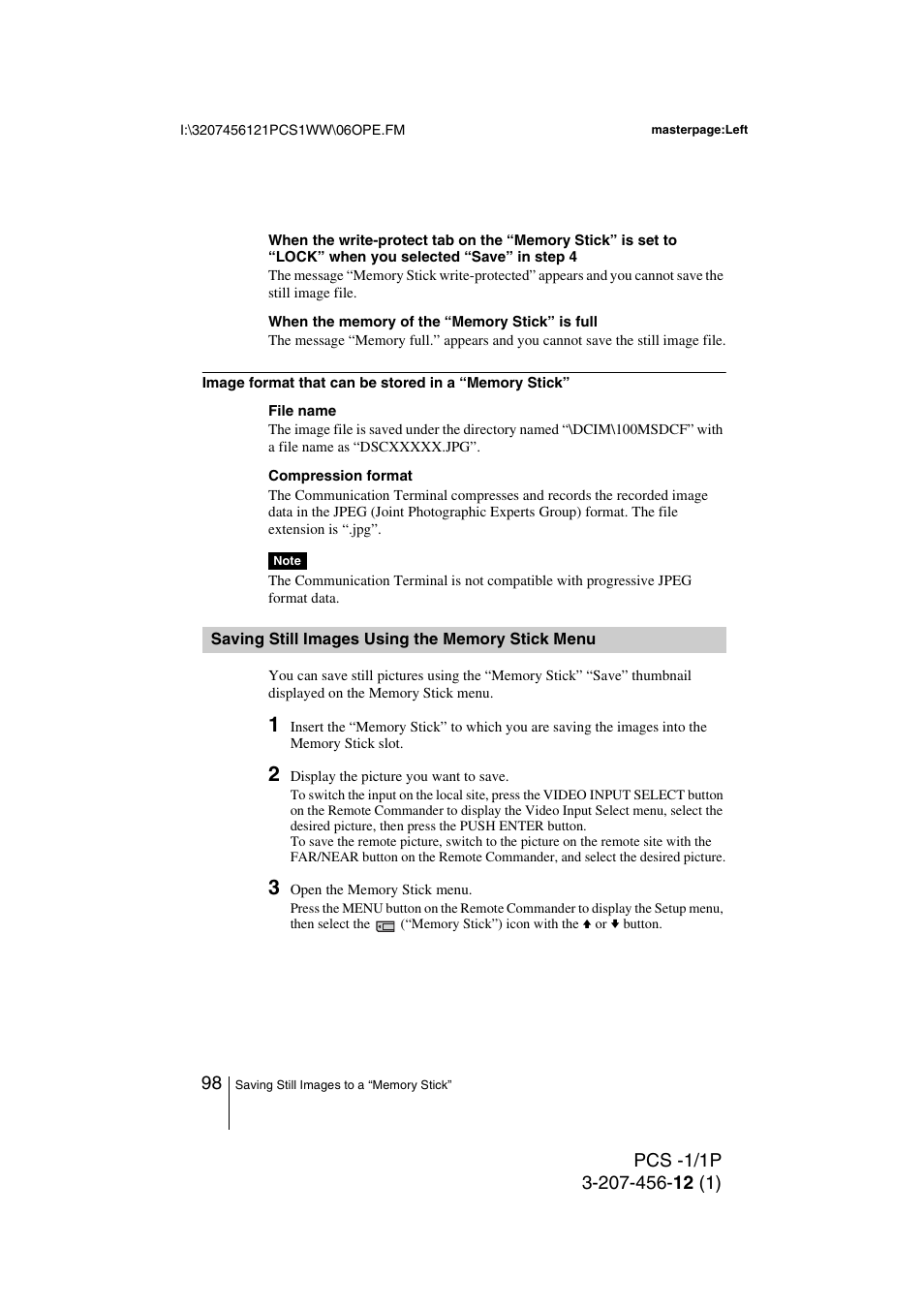 Saving still images using the memory stick menu, Saving still images using the, Memory stick menu | Toshiba PCS-1 User Manual | Page 98 / 189