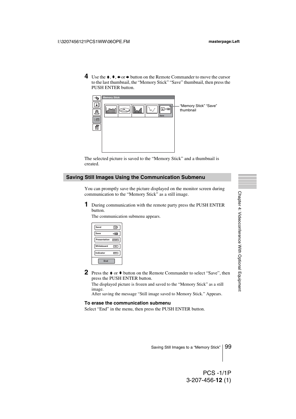 Saving still images using the, Communication submenu | Toshiba PCS-1 User Manual | Page 99 / 189