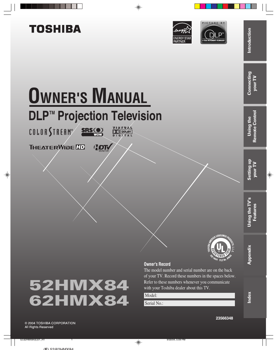 Toshiba 52HMX84 User Manual | 72 pages